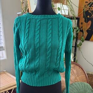 Vintage 70s A Peter Pushbottom Green Cable Knit Long Sleeve Cotton Sweater